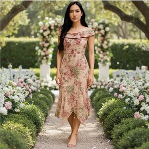 XSCAPE Sequin Embroidered Off the Shoulder Midi Knee Length Floral Dress,10, NWT